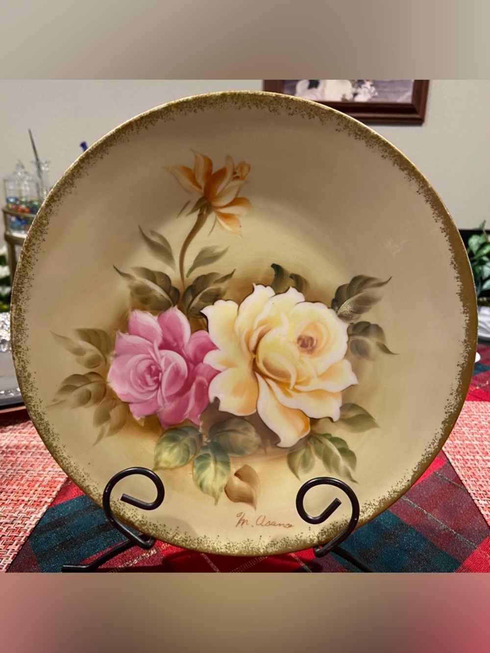 Hand-Painted Floral Decorative Plate with Pink & Yellow Roses